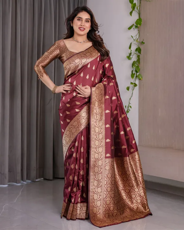 Maroon_Banarasi_Style_Lichi_Silk_Saree_With_Gold_Zari_Woven_Border_&_Blouse_Piece
