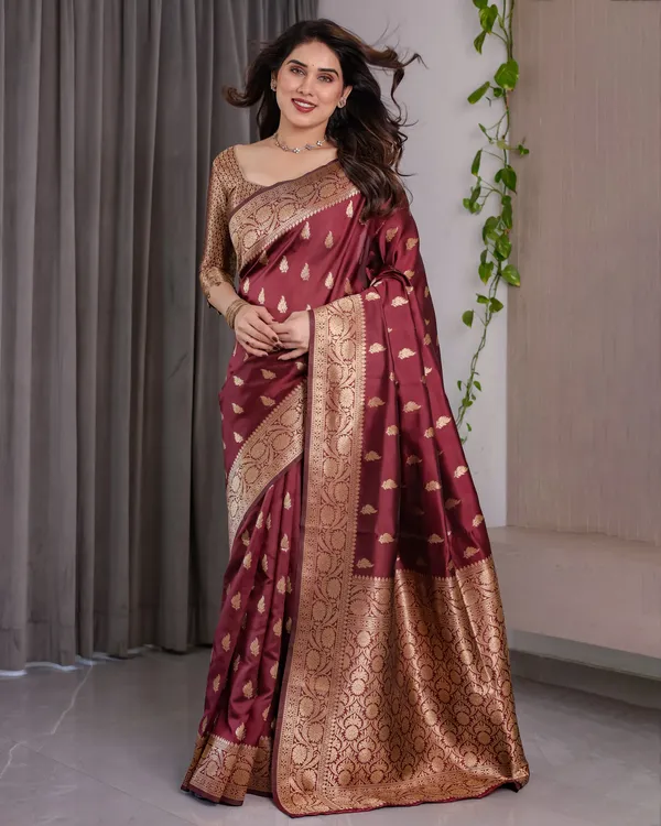 Maroon_Banarasi_Style_Lichi_Silk_Saree_With_Gold_Zari_Woven_Border_&_Blouse_Piece
