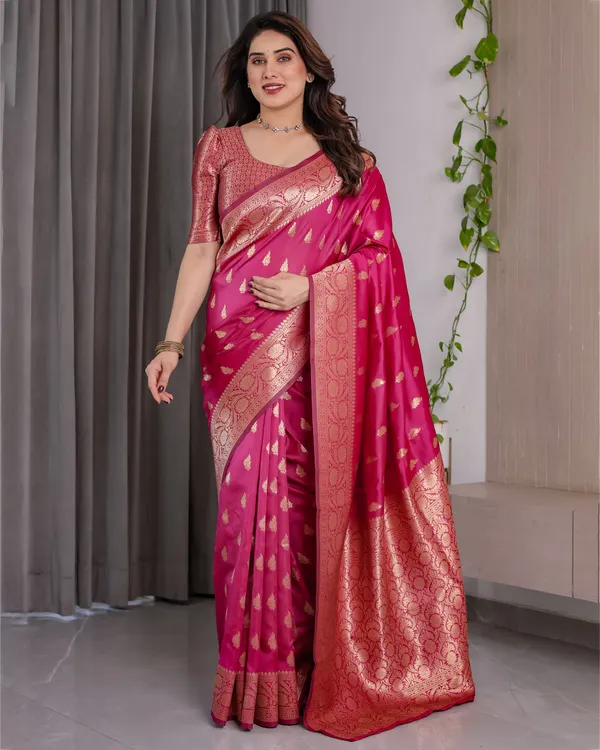Rani_Pink_Banarasi_Style_Lichi_Silk_Saree_With_Gold_Zari_Woven_Border_&_Blouse_Piece
