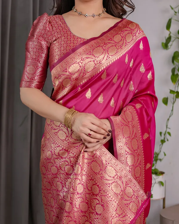Rani_Pink_Banarasi_Style_Lichi_Silk_Saree_With_Gold_Zari_Woven_Border_&_Blouse_Piece
