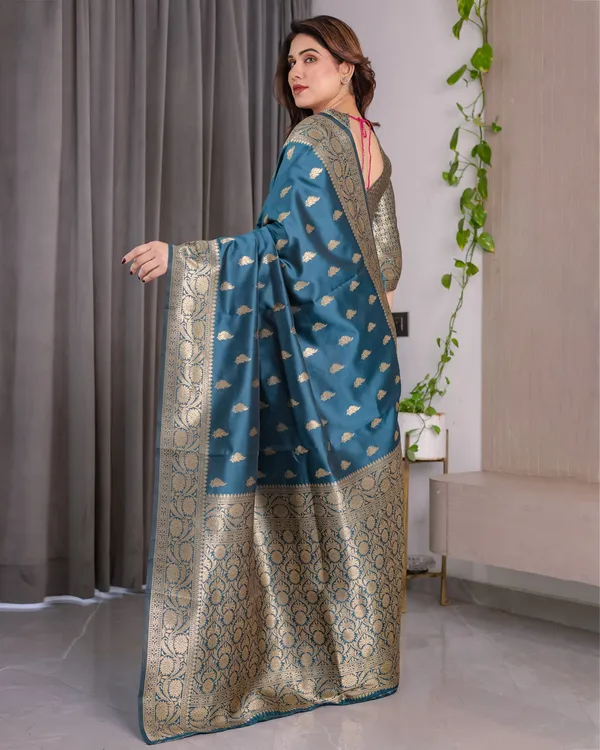 Rama_Blue_Banarasi_Style_Lichi_Silk_Saree_With_Gold_Zari_Woven_Border_&_Blouse_Piece
