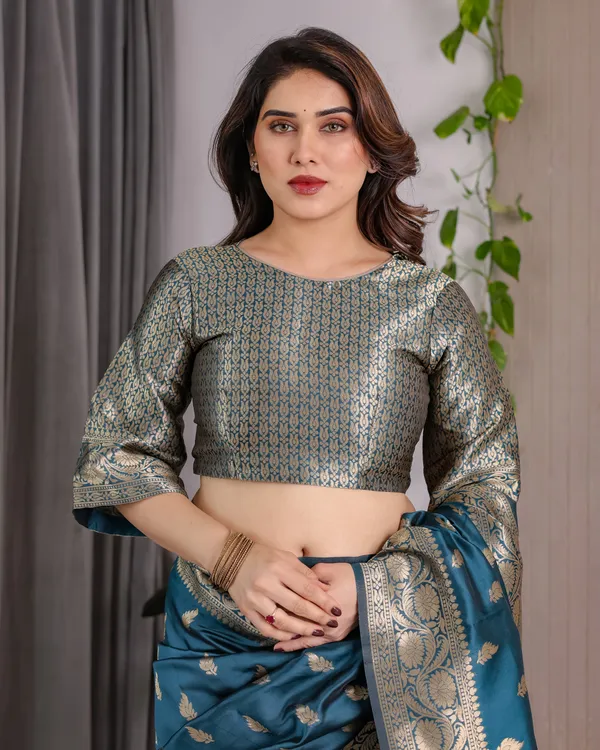 Rama_Blue_Banarasi_Style_Lichi_Silk_Saree_With_Gold_Zari_Woven_Border_&_Blouse_Piece
