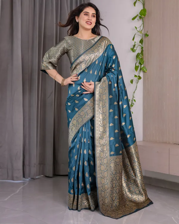 Rama_Blue_Banarasi_Style_Lichi_Silk_Saree_With_Gold_Zari_Woven_Border_&_Blouse_Piece
