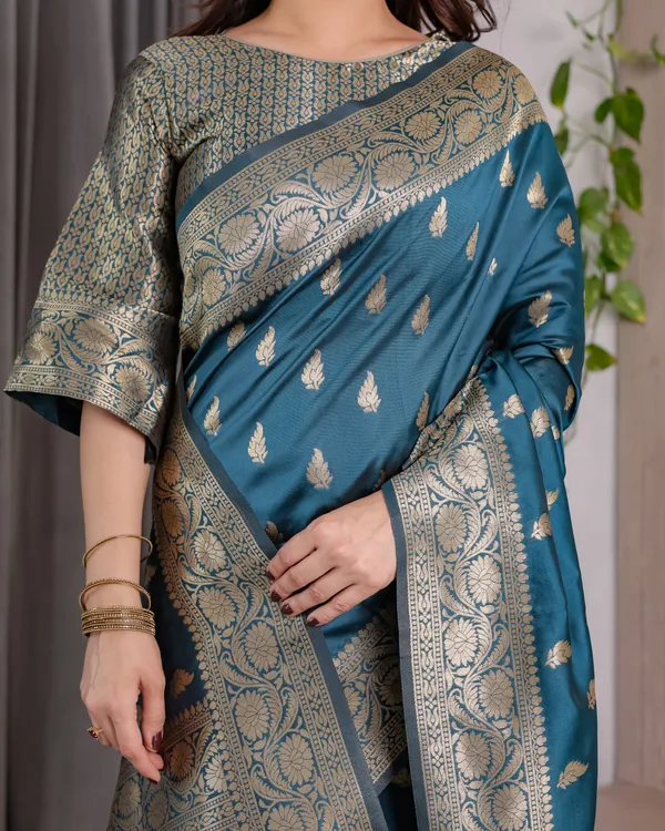 Rama_Blue_Banarasi_Style_Lichi_Silk_Saree_With_Gold_Zari_Woven_Border_&_Blouse_Piece

