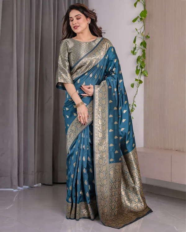 Rama_Blue_Banarasi_Style_Lichi_Silk_Saree_With_Gold_Zari_Woven_Border_&_Blouse_Piece
