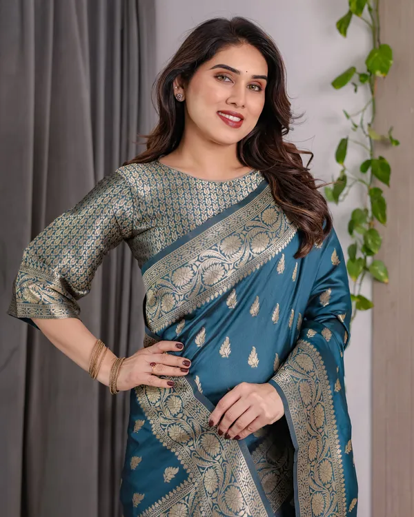 Rama_Blue_Banarasi_Style_Lichi_Silk_Saree_With_Gold_Zari_Woven_Border_&_Blouse_Piece
