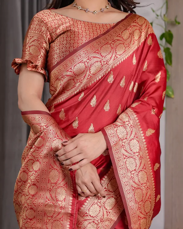 Red_Banarasi_Style_Lichi_Silk_Saree_With_Gold_Zari_Woven_Border_&_Blouse_Piece