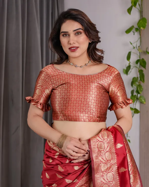 Red_Banarasi_Style_Lichi_Silk_Saree_With_Gold_Zari_Woven_Border_&_Blouse_Piece