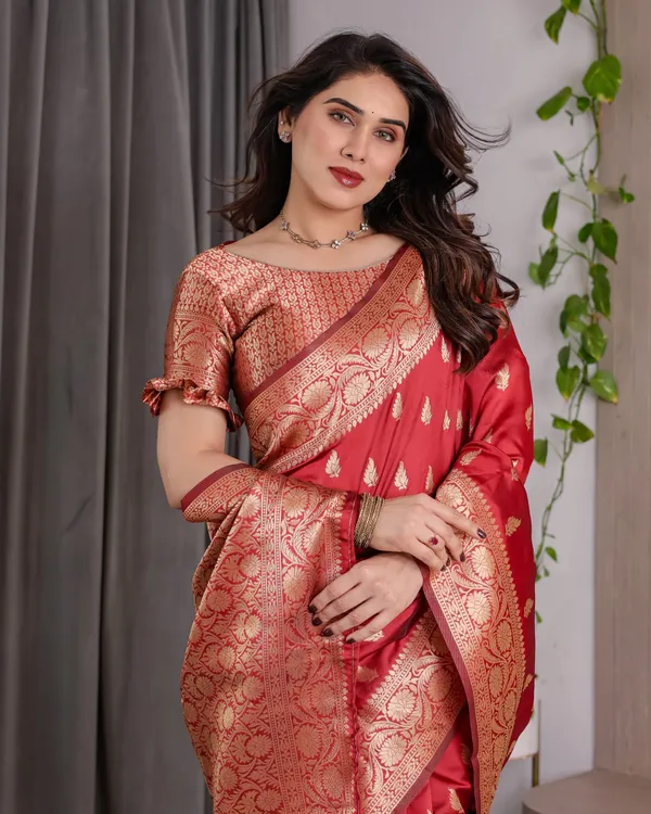 Red_Banarasi_Style_Lichi_Silk_Saree_With_Gold_Zari_Woven_Border_&_Blouse_Piece