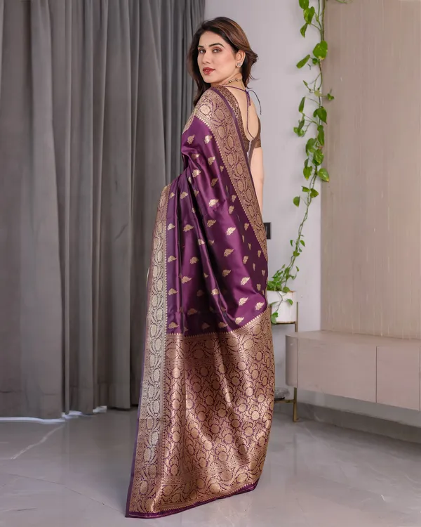 Wine_Banarasi_Style_Lichi_Silk_Saree_With_Gold_Zari_Woven_Border_&_Blouse_Piece
