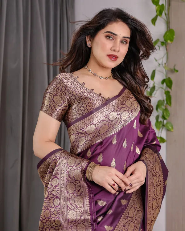 Wine_Banarasi_Style_Lichi_Silk_Saree_With_Gold_Zari_Woven_Border_&_Blouse_Piece
