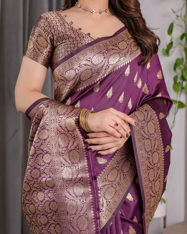 Wine_Banarasi_Style_Lichi_Silk_Saree_With_Gold_Zari_Woven_Border_&_Blouse_Piece
