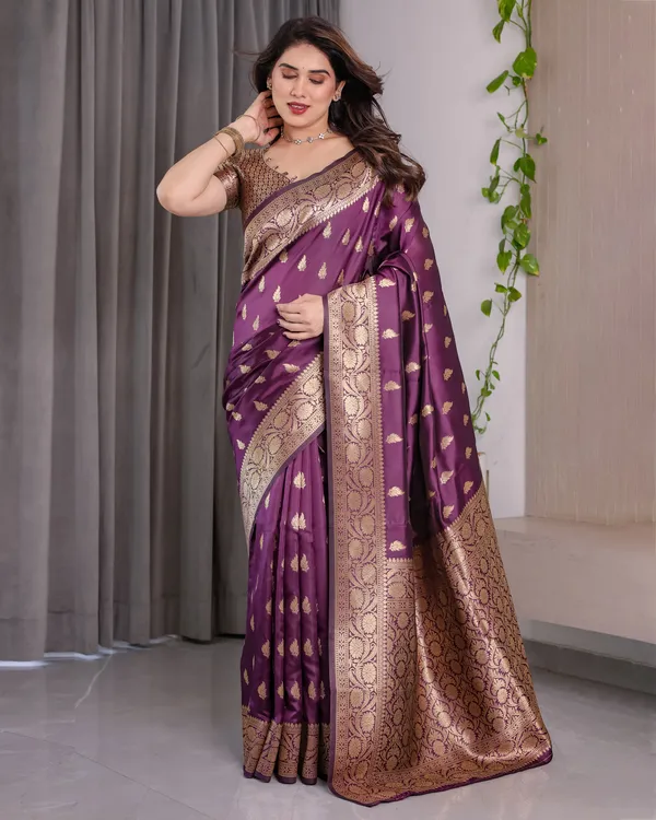 Wine_Banarasi_Style_Lichi_Silk_Saree_With_Gold_Zari_Woven_Border_&_Blouse_Piece

