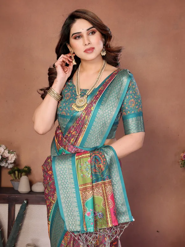 Rama_Cotton_Silk_Saree_With_Digital_Print_Jacquard_Border_&_Tassels
