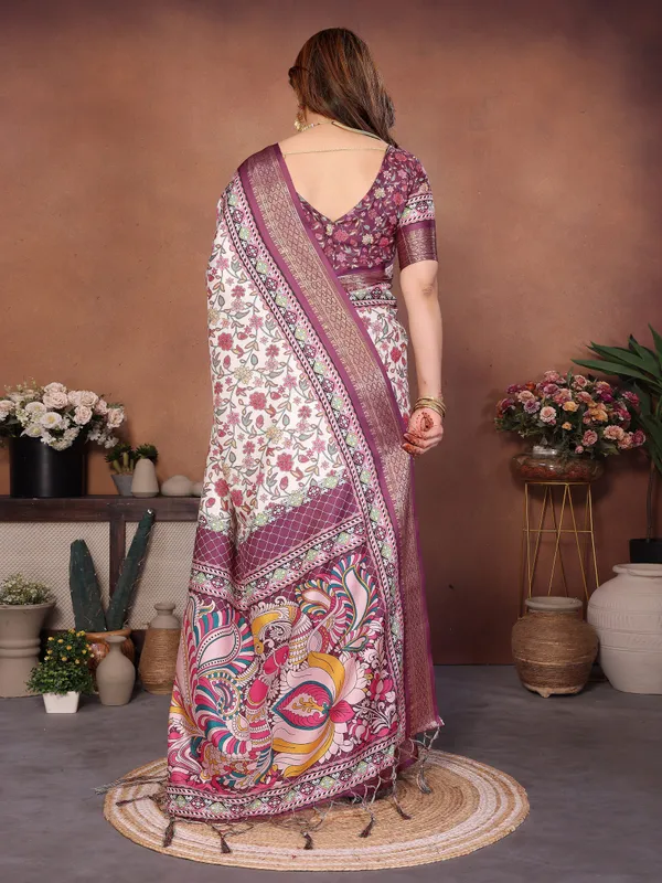 Wine_Kalamkari_Cotton_Silk_Saree_With_Digital_Print_Jacquard_Border_&_Tassels
