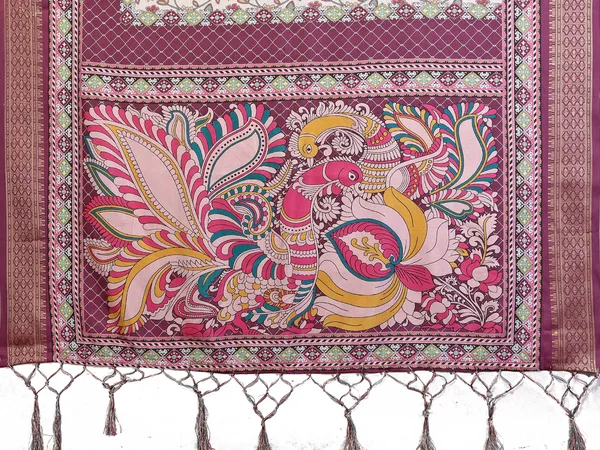Wine_Kalamkari_Cotton_Silk_Saree_With_Digital_Print_Jacquard_Border_&_Tassels
