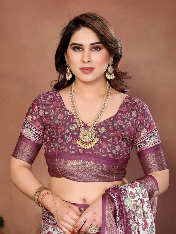 Wine_Kalamkari_Cotton_Silk_Saree_With_Digital_Print_Jacquard_Border_&_Tassels
