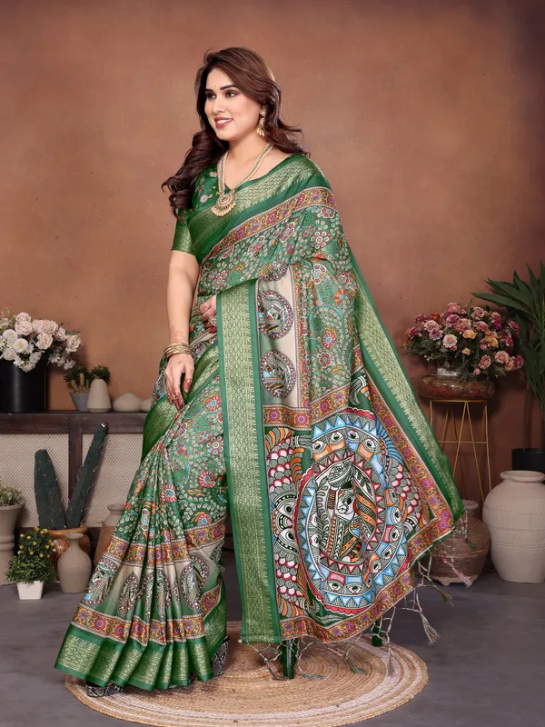 Green_Cotton_Silk_Saree_With_Digital_Print_Jacquard_Border_&_Tassels
