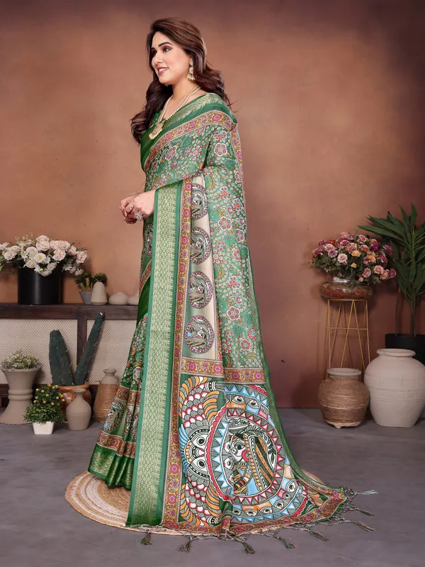 Green_Cotton_Silk_Saree_With_Digital_Print_Jacquard_Border_&_Tassels
