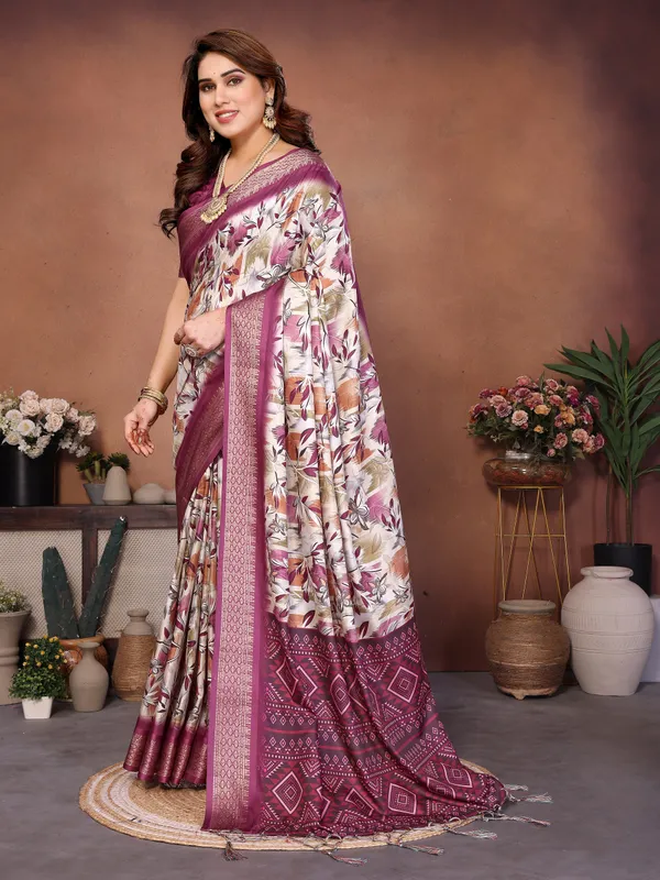 Wine_Cotton_Silk_Saree_With_Digital_Print_Jacquard_Border_&_Tassels
