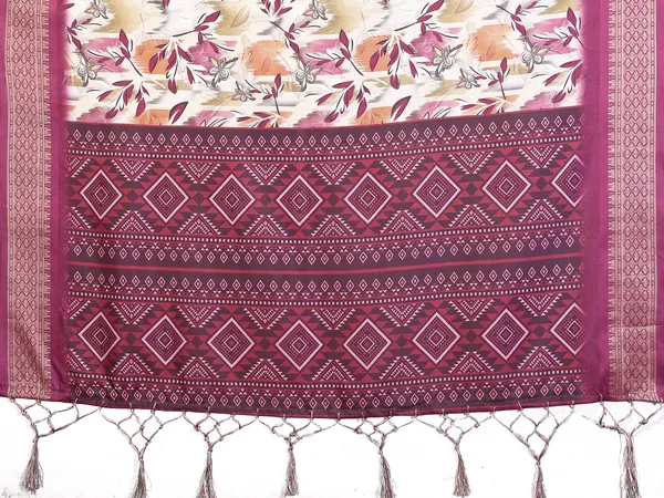 Wine_Cotton_Silk_Saree_With_Digital_Print_Jacquard_Border_&_Tassels
