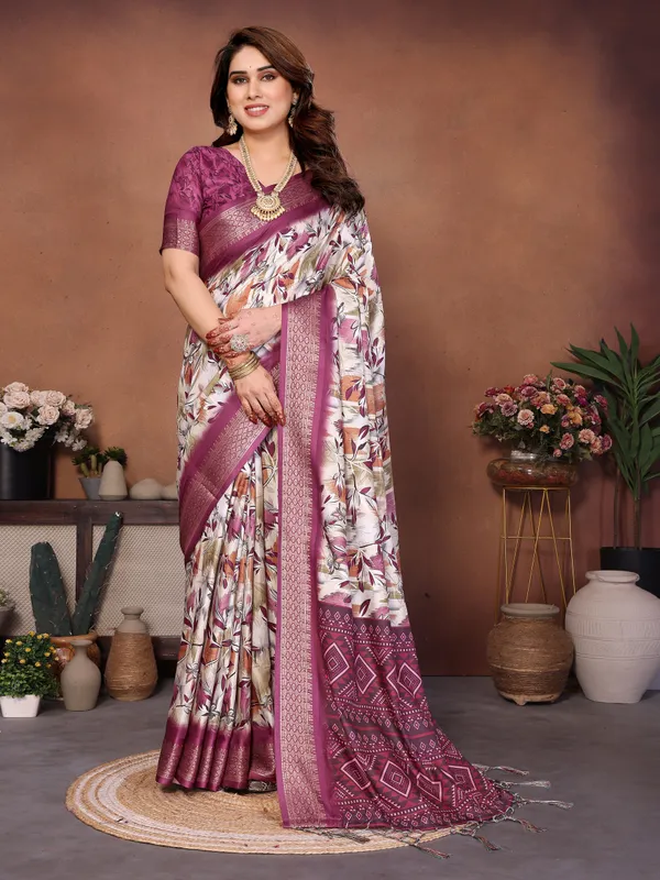 Wine_Cotton_Silk_Saree_With_Digital_Print_Jacquard_Border_&_Tassels