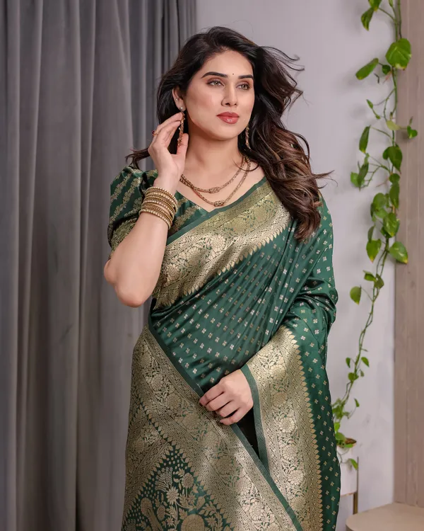 Green_Banarasi-Style_Soft_Lichi_Silk_Saree_With_Gold_Zari_Woven_Border_&_Blouse_Piece