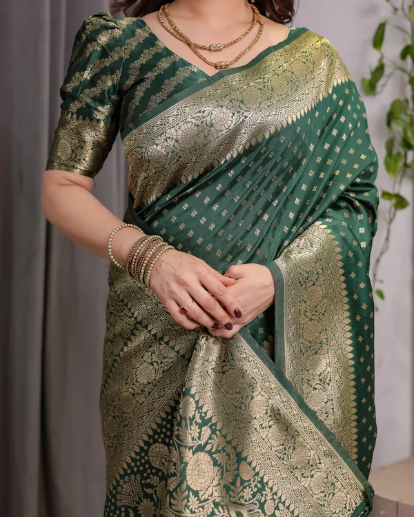 Green_Banarasi-Style_Soft_Lichi_Silk_Saree_With_Gold_Zari_Woven_Border_&_Blouse_Piece