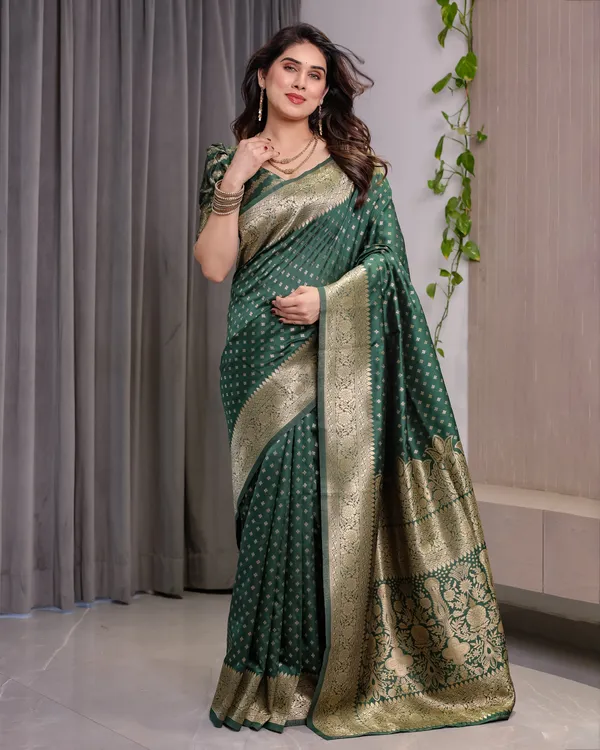 Green_Banarasi-Style_Soft_Lichi_Silk_Saree_With_Gold_Zari_Woven_Border_&_Blouse_Piece