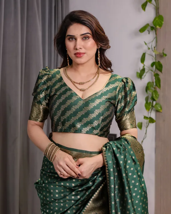 Green_Banarasi-Style_Soft_Lichi_Silk_Saree_With_Gold_Zari_Woven_Border_&_Blouse_Piece