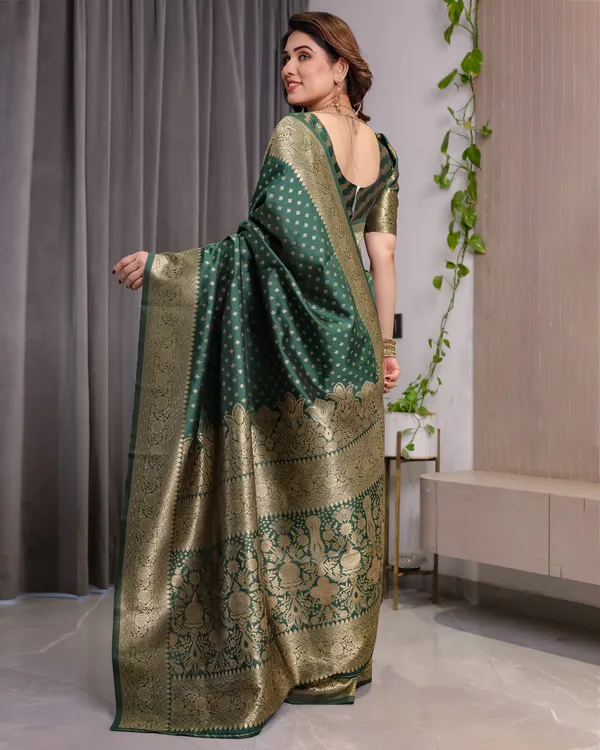 Green_Banarasi-Style_Soft_Lichi_Silk_Saree_With_Gold_Zari_Woven_Border_&_Blouse_Piece