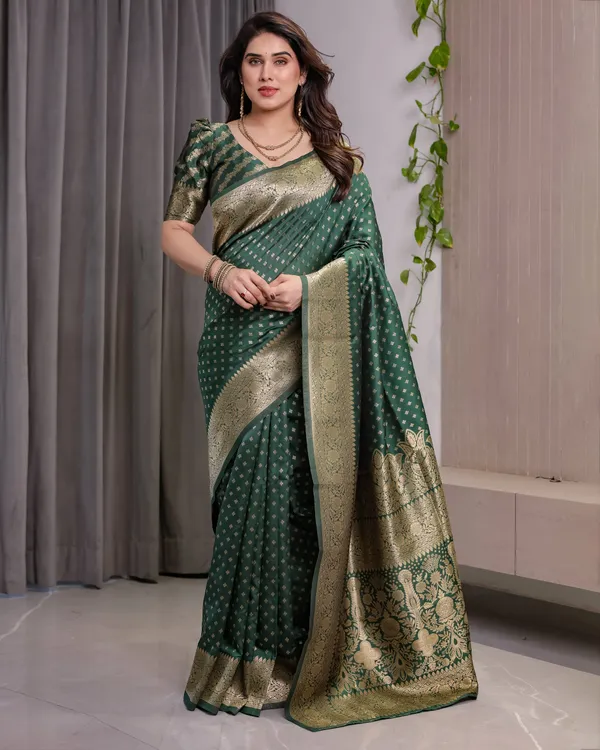 Green_Banarasi-Style_Soft_Lichi_Silk_Saree_With_Gold_Zari_Woven_Border_&_Blouse_Piece