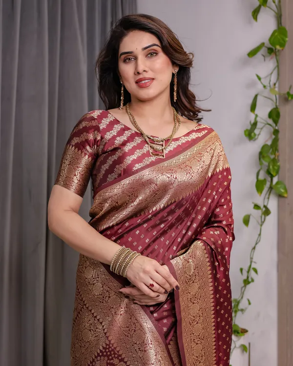 Royal_Maroon_Soft_Lichi_Silk_Saree_With_Antique_Gold_Zari_&_Floral_Pallu
