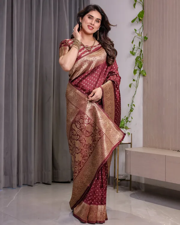 Royal_Maroon_Soft_Lichi_Silk_Saree_With_Antique_Gold_Zari_&_Floral_Pallu
