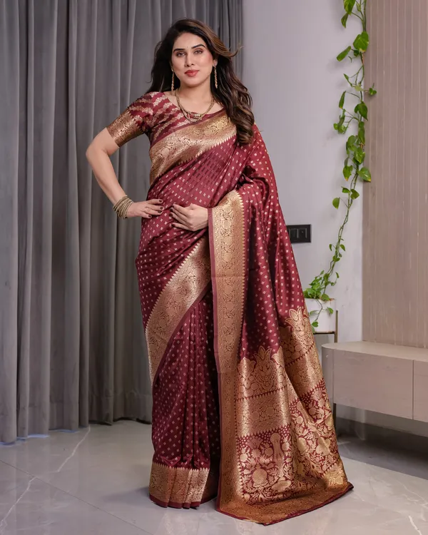 Royal_Maroon_Soft_Lichi_Silk_Saree_With_Antique_Gold_Zari_&_Floral_Pallu
