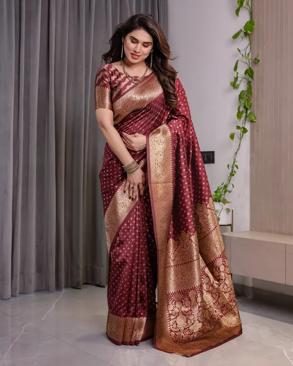 Royal_Maroon_Soft_Lichi_Silk_Saree_With_Antique_Gold_Zari_&_Floral_Pallu
