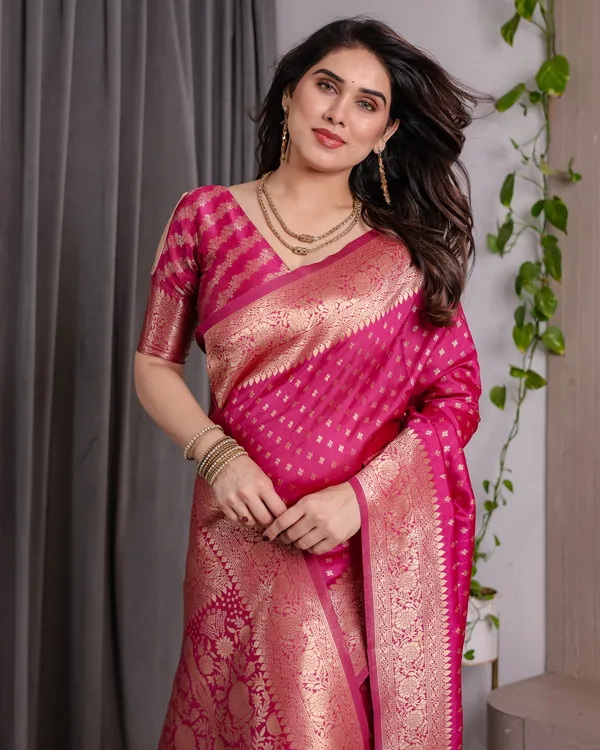Rani_Pink_Soft_Lichi_Silk_Saree_With_Royal_Gold_Zari_&_Floral_Pallu
