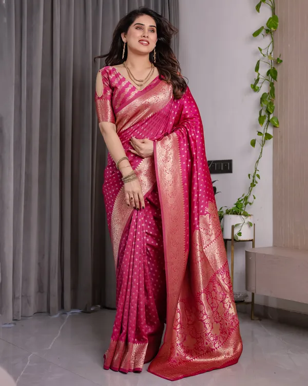 Rani_Pink_Soft_Lichi_Silk_Saree_With_Royal_Gold_Zari_&_Floral_Pallu
