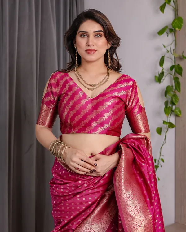 Rani_Pink_Soft_Lichi_Silk_Saree_With_Royal_Gold_Zari_&_Floral_Pallu
