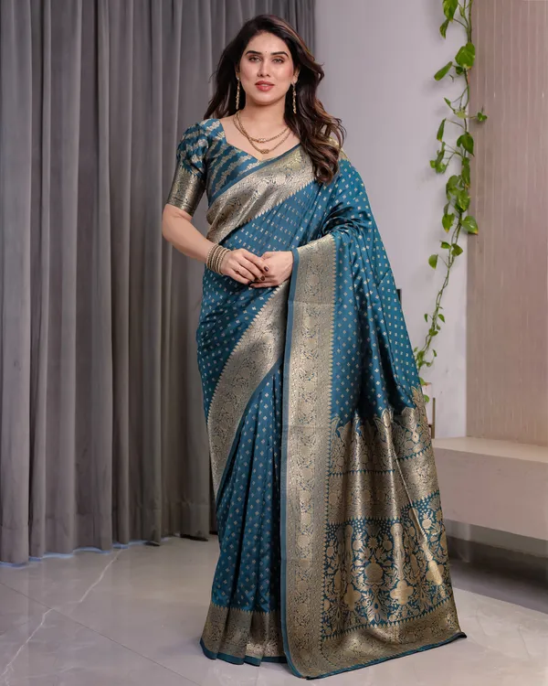 Rama_Blue_Soft_Lichi_Silk_Saree_With_Regal_Gold_Zari_&_Heritage_Pallu
