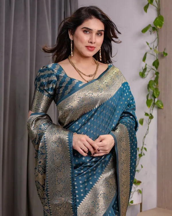 Rama_Blue_Soft_Lichi_Silk_Saree_With_Regal_Gold_Zari_&_Heritage_Pallu
