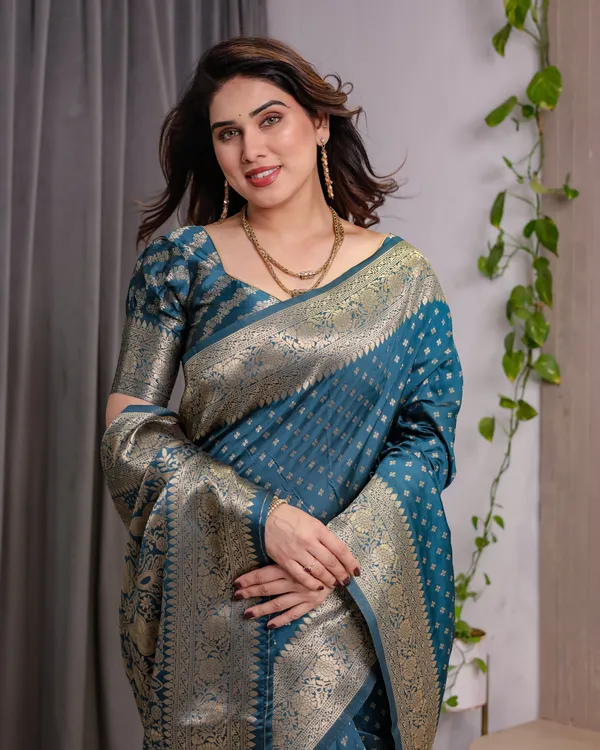 Rama_Blue_Soft_Lichi_Silk_Saree_With_Regal_Gold_Zari_&_Heritage_Pallu
