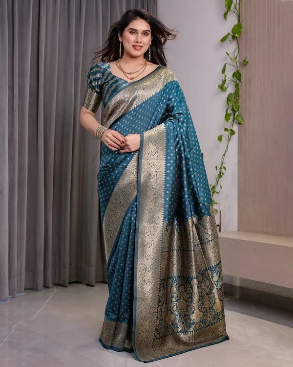Rama_Blue_Soft_Lichi_Silk_Saree_With_Regal_Gold_Zari_&_Heritage_Pallu
