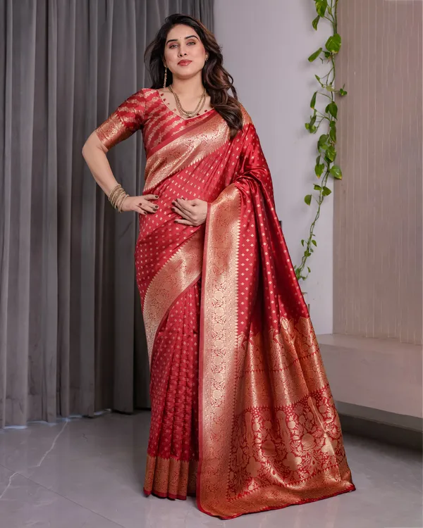 Crimson_Red_Soft_Lichi_Silk_Saree_With_Golden_Zari_Artistry_&_Floral_Pallu
