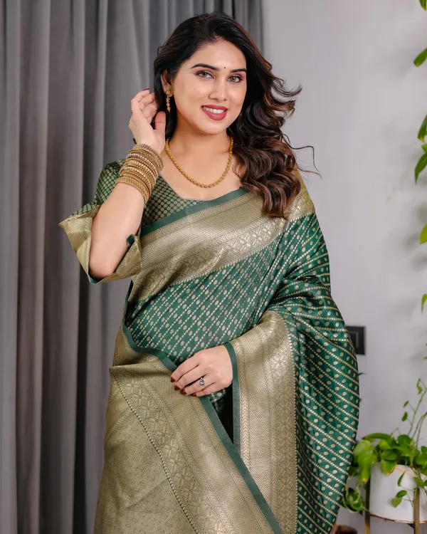 Bottle_Green_Soft_Lichi_Silk_Saree_With_Gold_Zari_Stripes_&_Regal_Border
