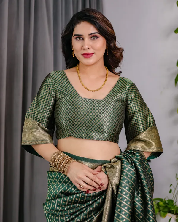 Bottle_Green_Soft_Lichi_Silk_Saree_With_Gold_Zari_Stripes_&_Regal_Border
