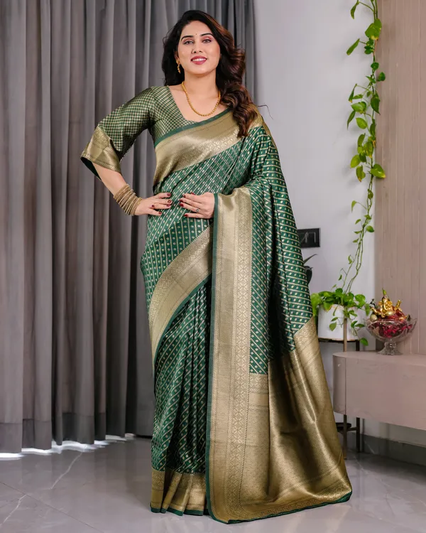 Bottle_Green_Soft_Lichi_Silk_Saree_With_Gold_Zari_Stripes_&_Regal_Border
