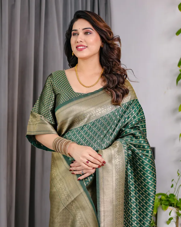 Bottle_Green_Soft_Lichi_Silk_Saree_With_Gold_Zari_Stripes_&_Regal_Border
