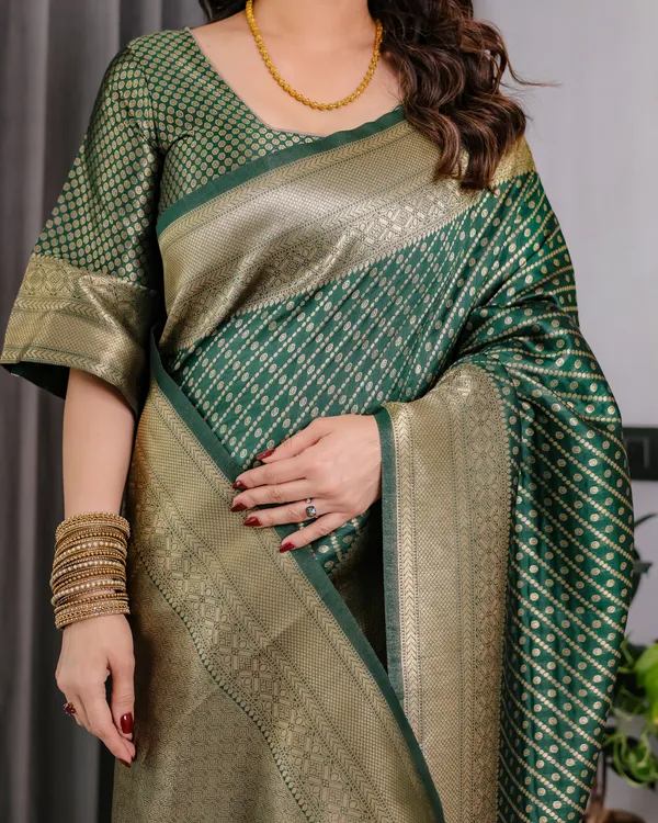 Bottle_Green_Soft_Lichi_Silk_Saree_With_Gold_Zari_Stripes_&_Regal_Border
