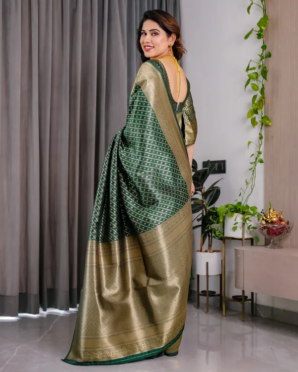 Bottle_Green_Soft_Lichi_Silk_Saree_With_Gold_Zari_Stripes_&_Regal_Border
